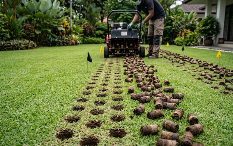 An aerated PJ lawn with soil plugs visible on the surface