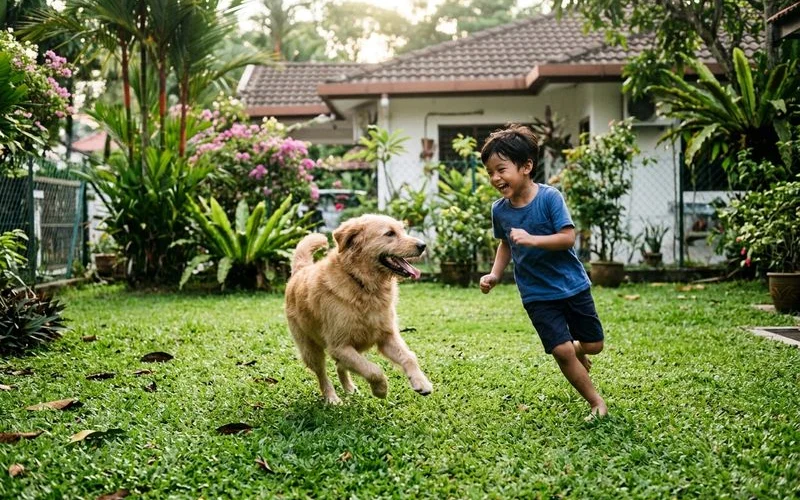 A child and pet enjoying a healthy green lawn in a PJ garden