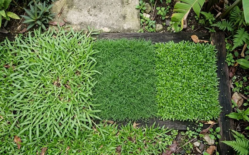 Three Malaysian lawn grass textures compared side by side: cow, carpet and pearl grass
