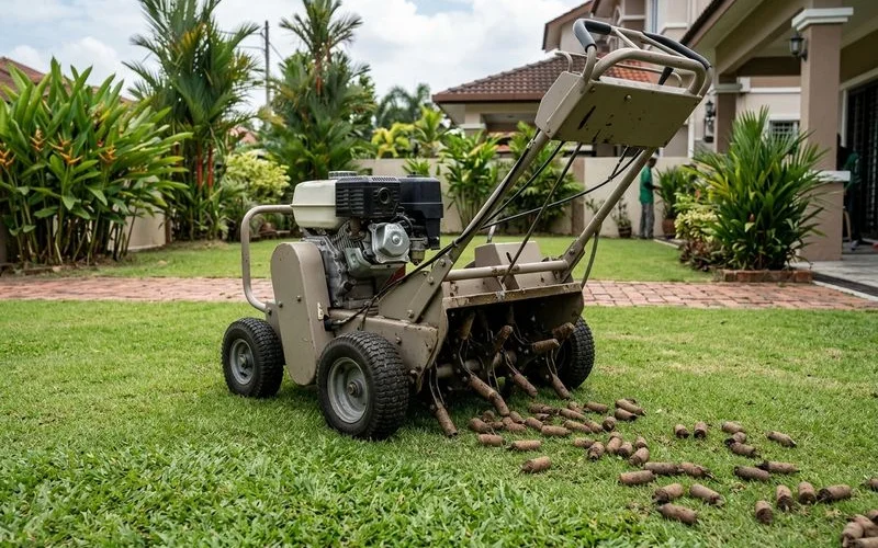A core aerator pulling soil plugs from a green residential lawn