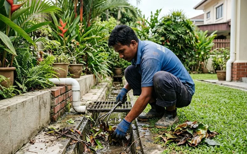Checking drainage and clearing the drain line on a PJ lawn before the monsoon
