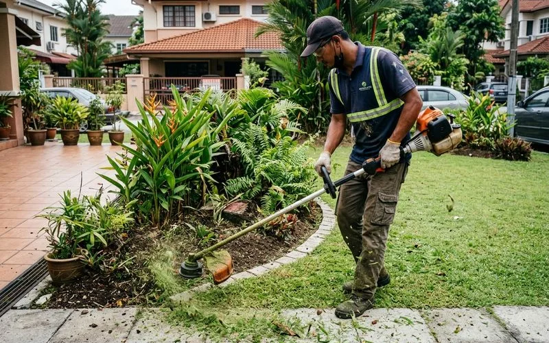 Crew member edging along a garden bed with a string trimmer