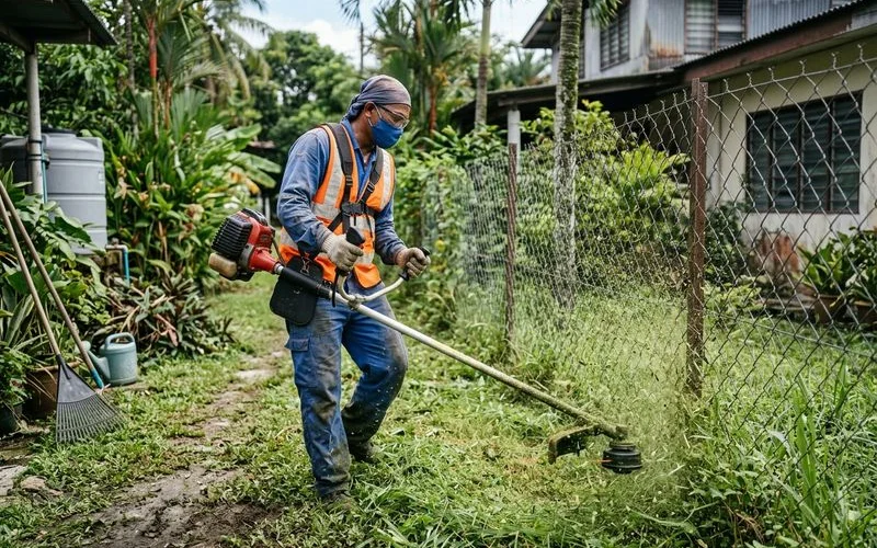Crew member using a brush cutter along a fence line in a PJ garden