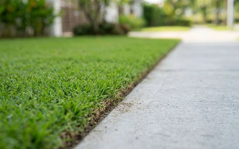 Sharp clean edge line between green lawn and driveway after professional string trimmer work