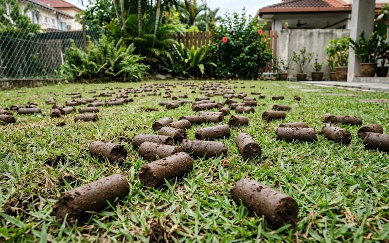 Soil cores extracted by hollow-core aeration scattered across a green lawn surface