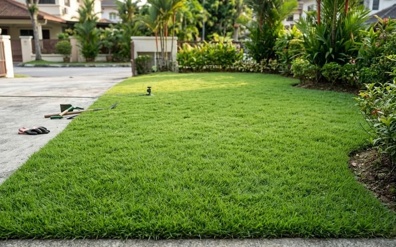 A healthy, uniform green lawn after fungus treatment in a PJ garden