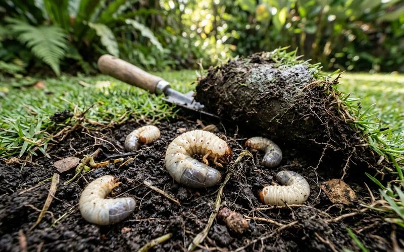 A lawn grub in the soil beneath lifted turf during an inspection