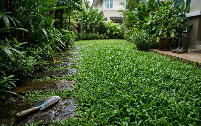 A lush lawn staying green through the monsoon season in a residential garden