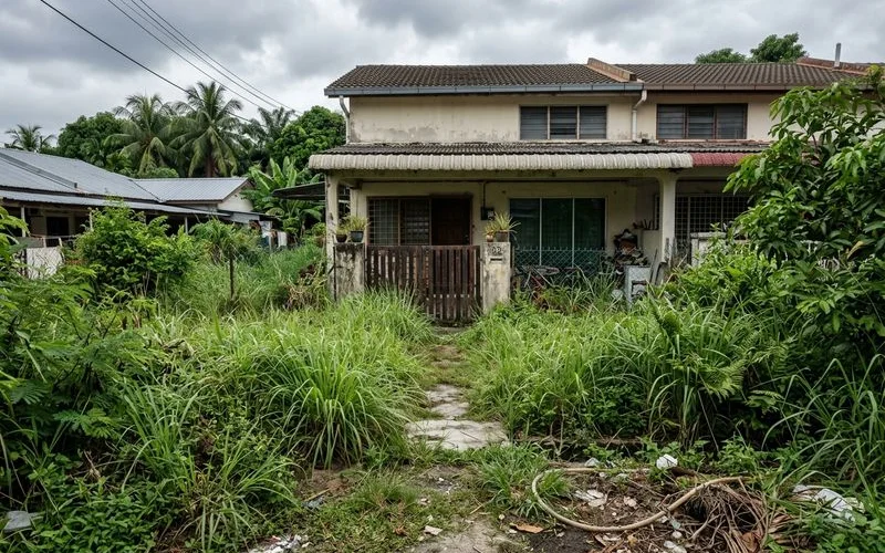 Overgrown, neglected Malaysian lawn before a one-off rescue cut