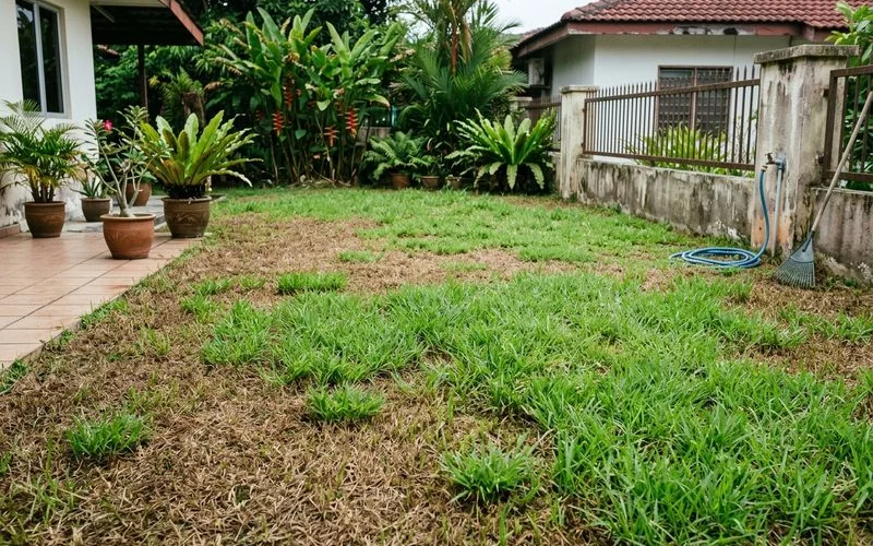 A lawn recovering and greening a few weeks after pest treatment
