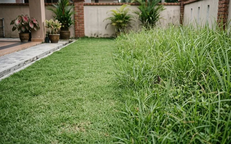 Side-by-side comparison of a tidy short lawn and an overgrown lawn in a Malaysian garden