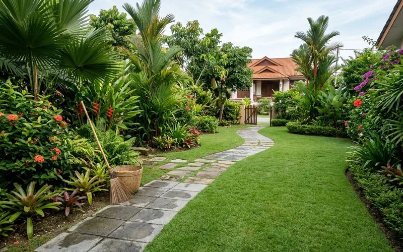 Tidy garden path and lawn after a complete mowing and cleanup visit