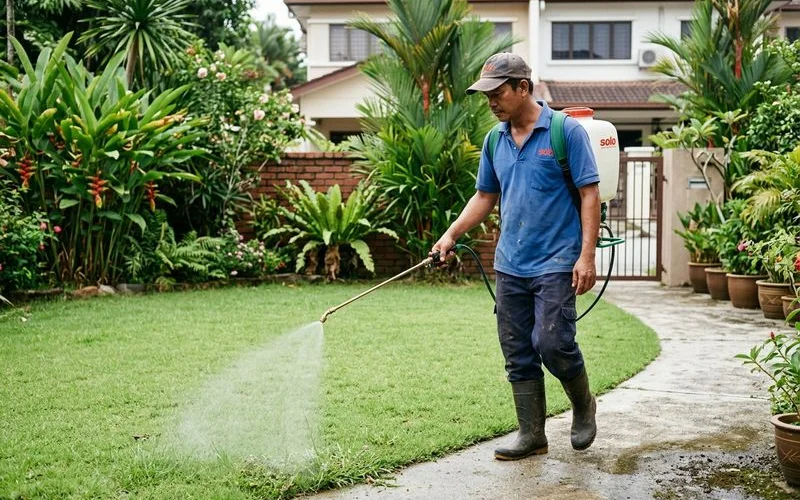 Crew member applying selective weed treatment with a knapsack pressure sprayer on a Petaling Jaya lawn