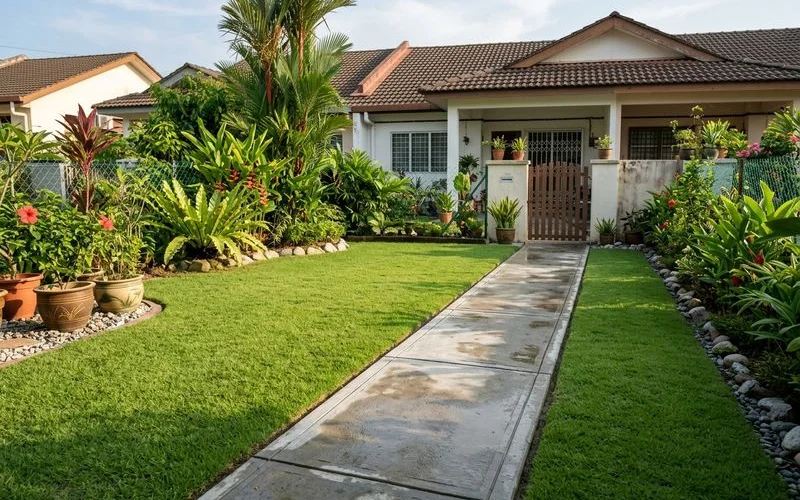 A tidy, cleared lawn and swept path after a mowing visit with no debris left behind