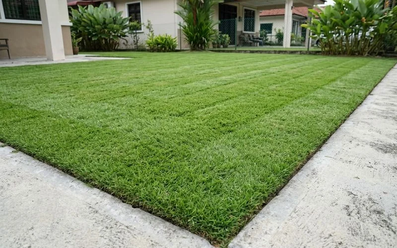 A tidy mid-size Malaysian residential lawn after a professional cut