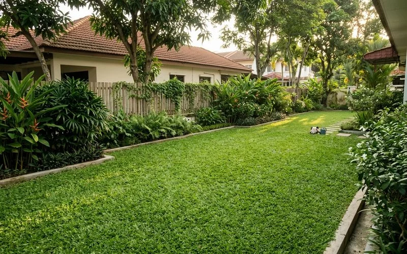 A weed-free, dense green PJ lawn after selective weed treatment