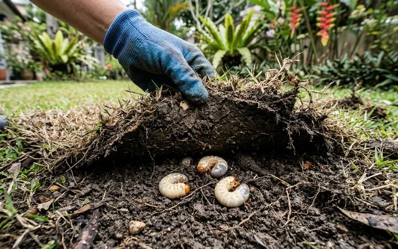 Lawn grub larvae found in the soil under a lifted section of damaged turf