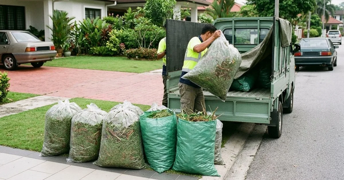 Bagged grass clippings and garden waste loaded for disposal at a PJ home