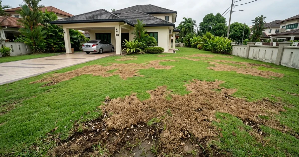 Brown patches from lawn grub damage spreading across a Bandar Utama bungalow lawn
