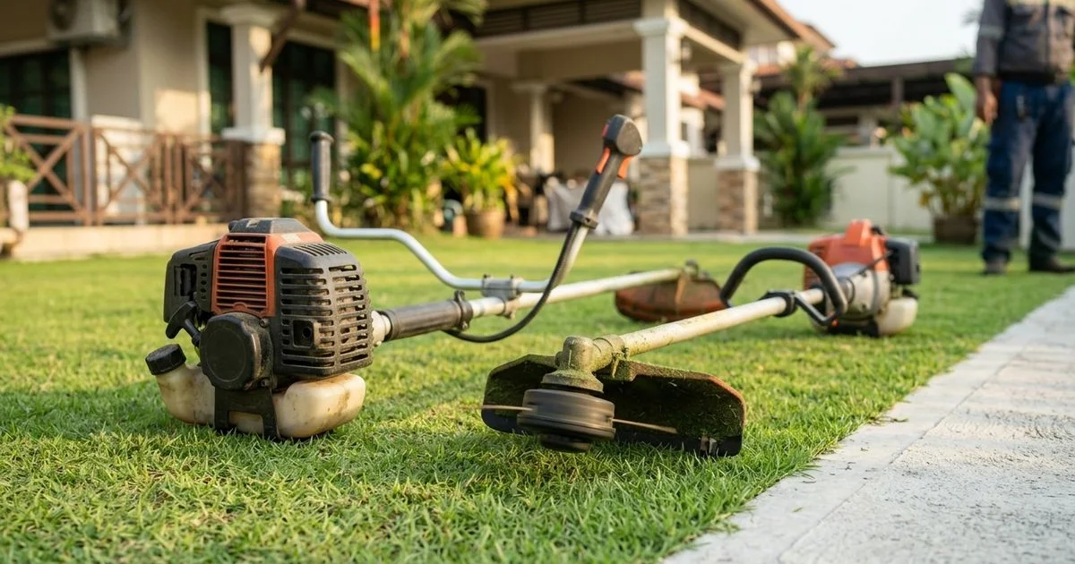 A brush cutter and string trimmer laid beside a neatly edged Malaysian lawn