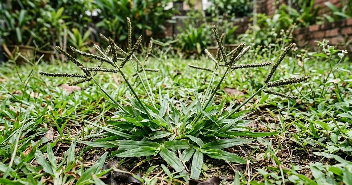 Close-up of goosegrass (rumput sambau) growing in a Malaysian lawn