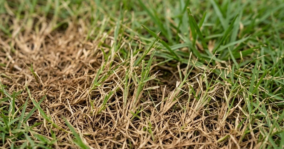 Grass blades chewed by armyworms beside a spreading brown patch on a Malaysian lawn