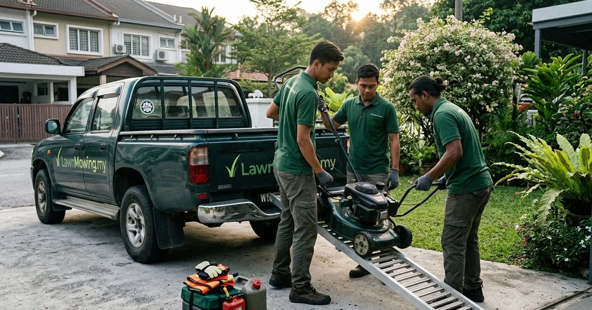 Crew loading a walk-behind mower at a Klang Valley residential job