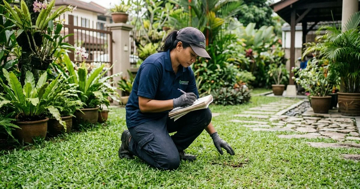 Crew member assessing a Malaysian lawn's condition at the start of a feeding programme