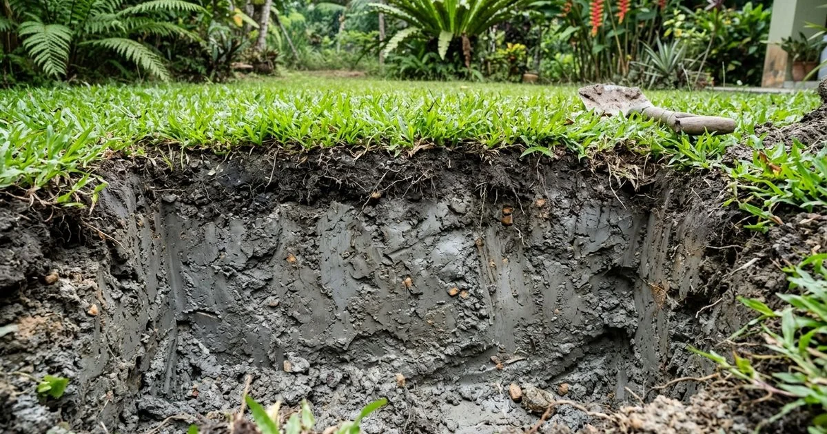 Cross-section of compacted clay soil beneath a thin, struggling lawn