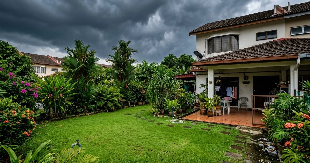 Monsoon clouds building over a green Petaling Jaya lawn ahead of the 2026 wet season