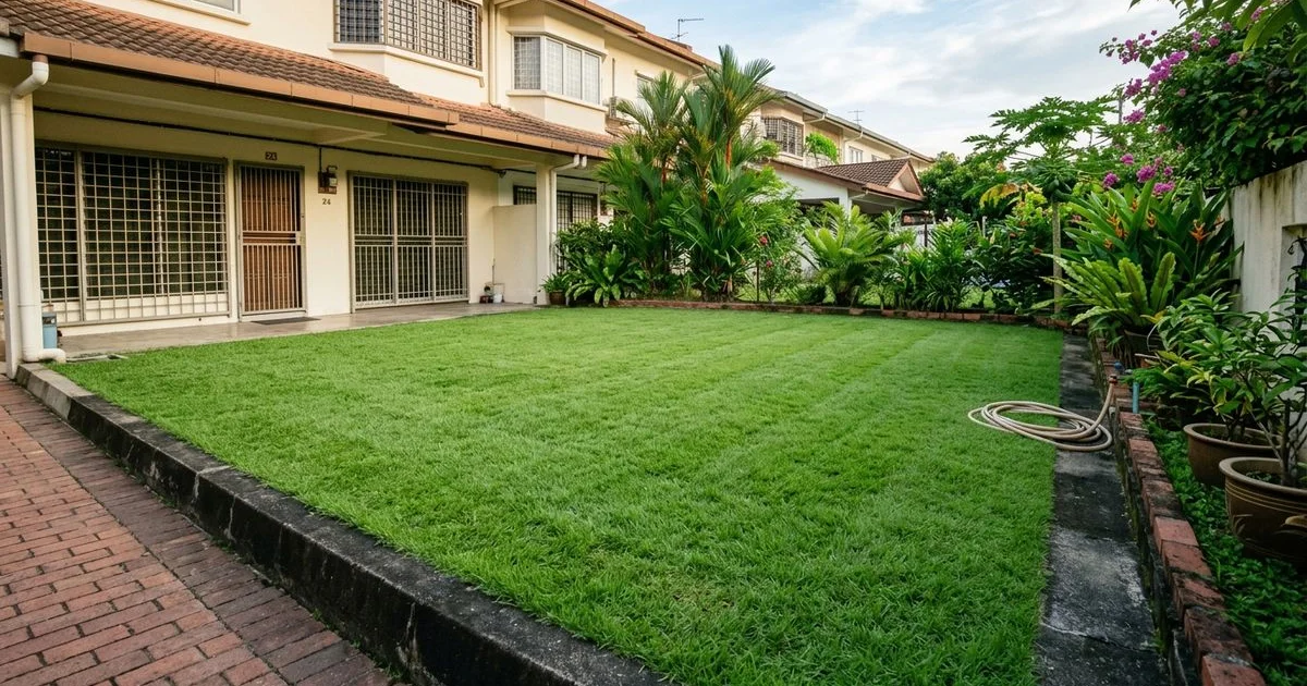 Freshly mown cow grass lawn at even height in a Petaling Jaya terrace garden