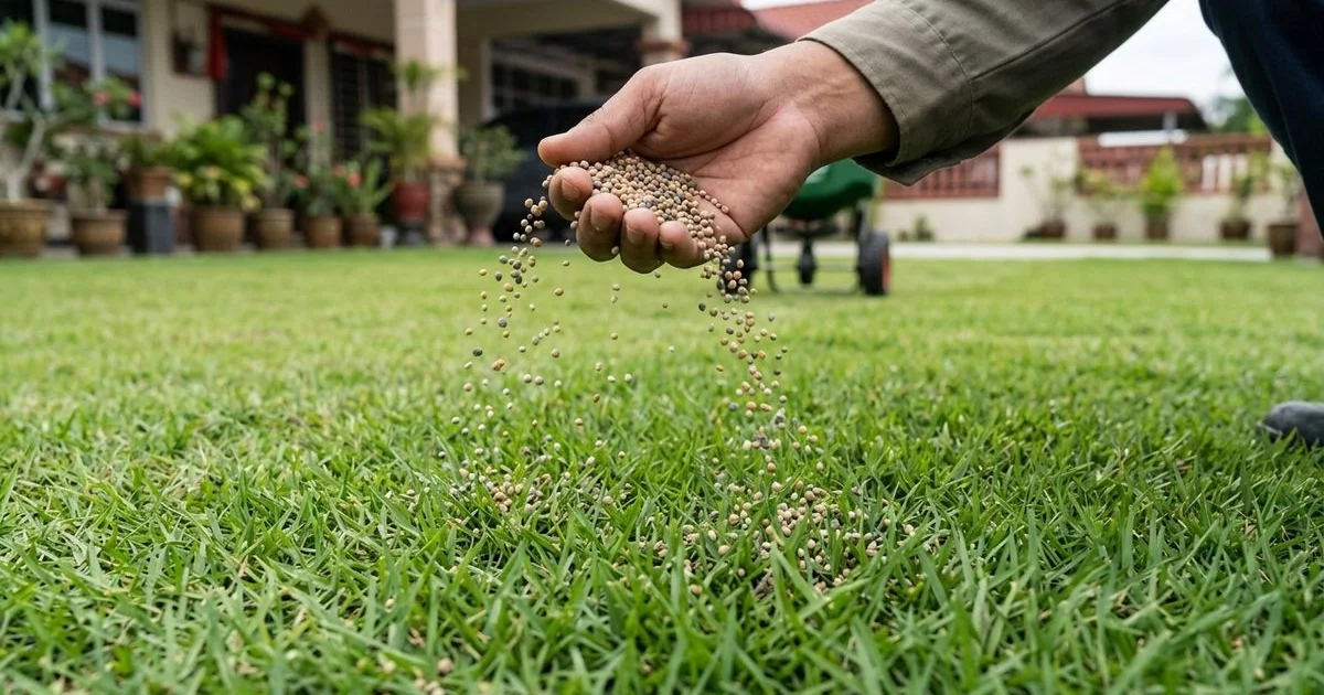 Granular lawn fertiliser being spread across a green Malaysian lawn