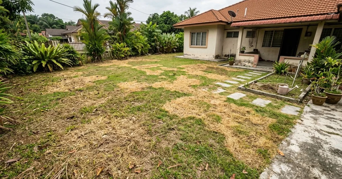 A Malaysian lawn with yellow and brown patches spreading across the grass
