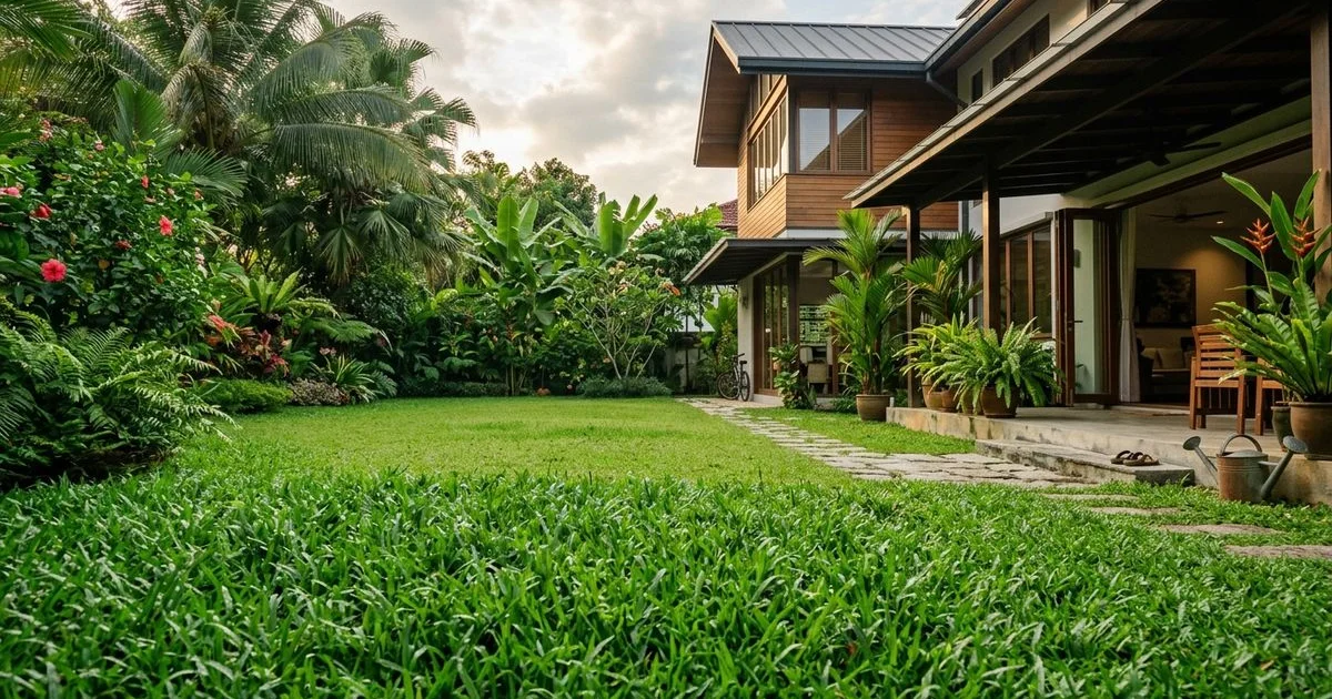 A lush natural Malaysian lawn in afternoon light beside a modern home
