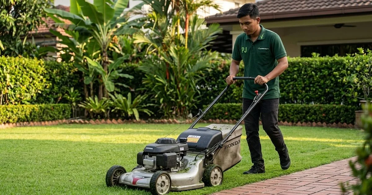 Crew member mowing a neat green lawn beside a tidy edged path in Petaling Jaya