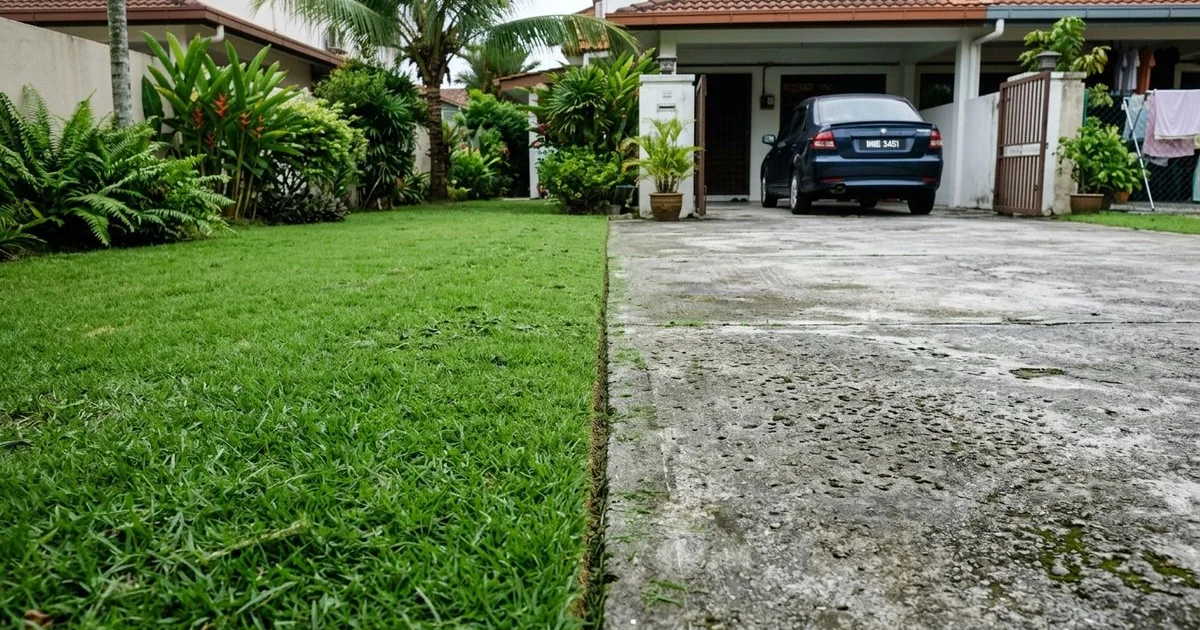 A razor-sharp edge between a green lawn and a driveway in a PJ garden