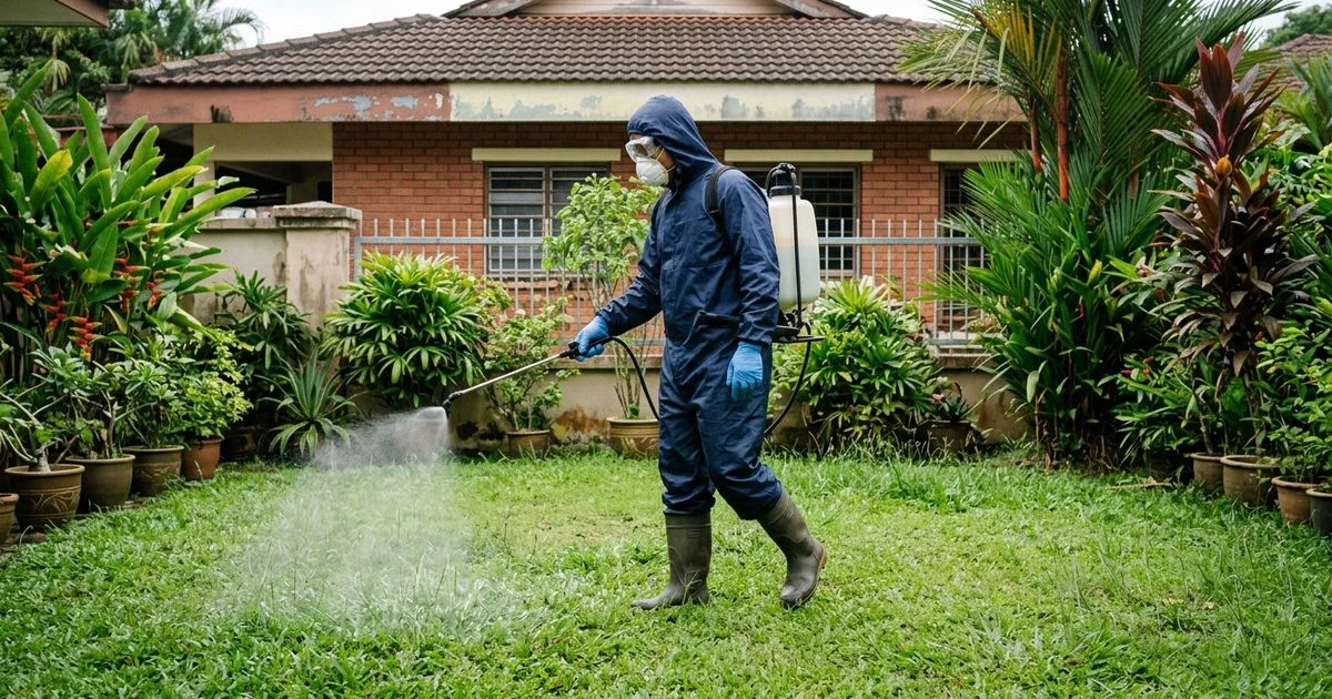 Technician in safety gear treating a Malaysian lawn with a knapsack sprayer