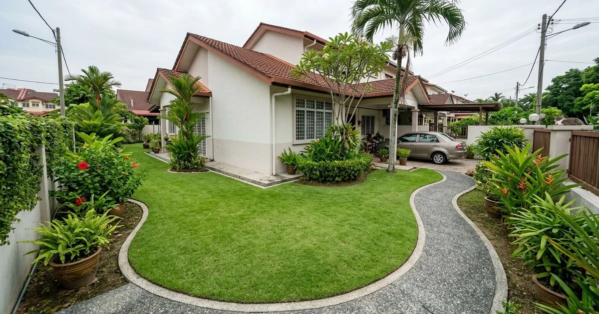 Tidy, short green lawn around a PJ house perimeter with clean edges and no standing water