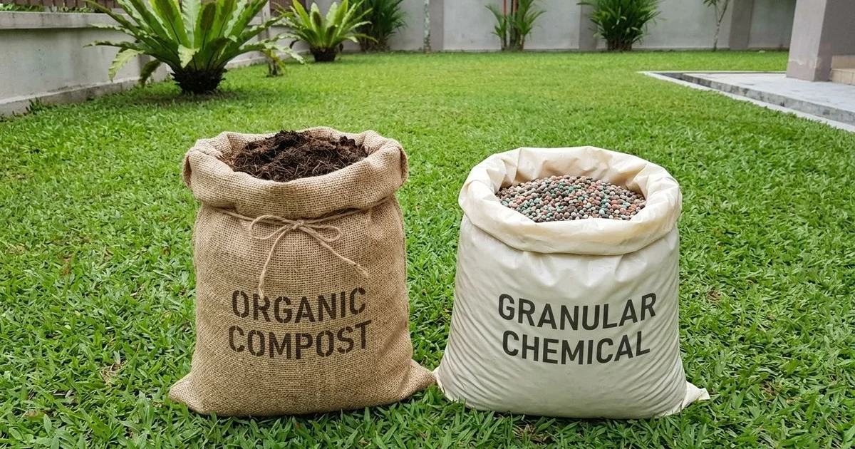Organic and synthetic lawn fertiliser bags beside a green Malaysian lawn
