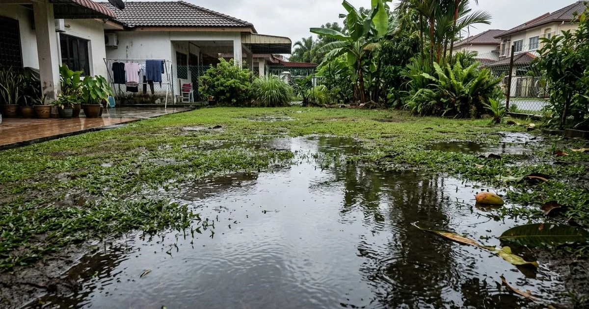 Water pooling on a compacted Malaysian lawn after rain