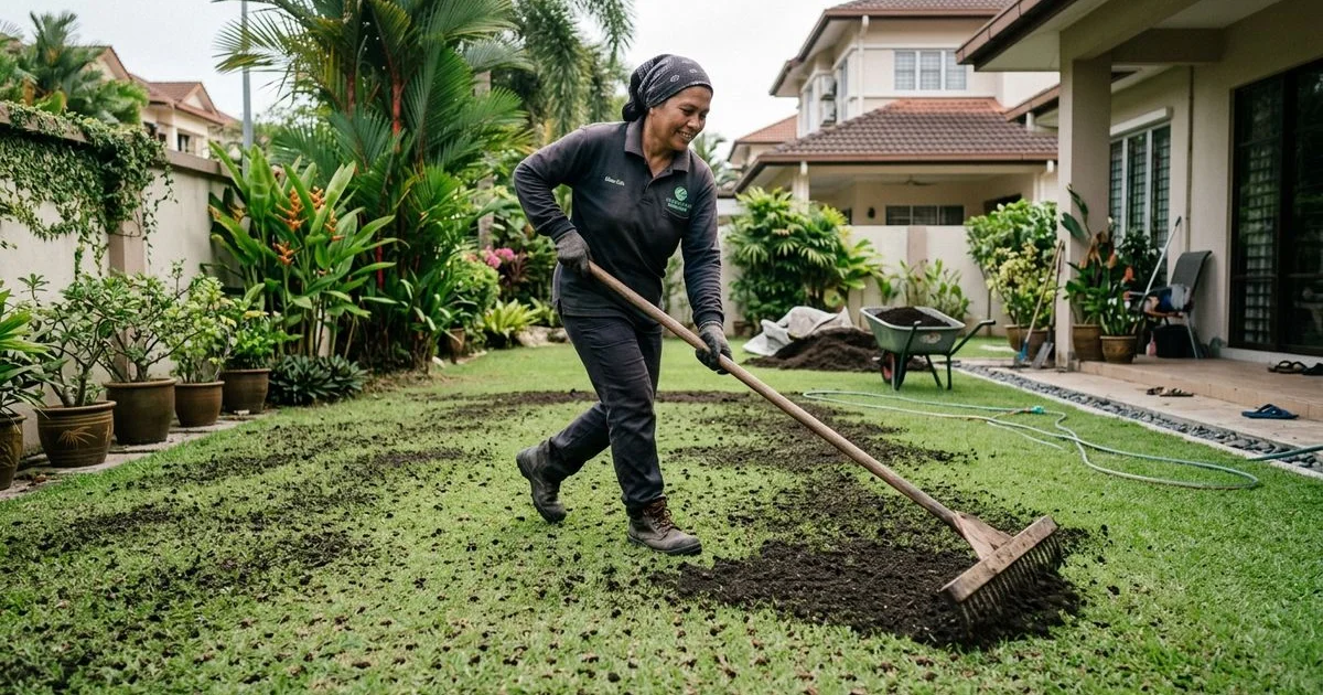 Worker spreading compost top-dressing over a freshly aerated green lawn