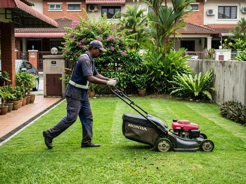 Owner-led crew member mowing a Damansara lawn