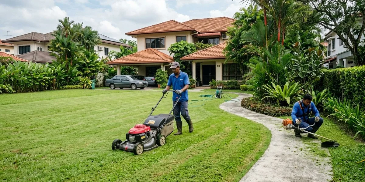 The crew mowing and edging a large residential lawn in Petaling Jaya