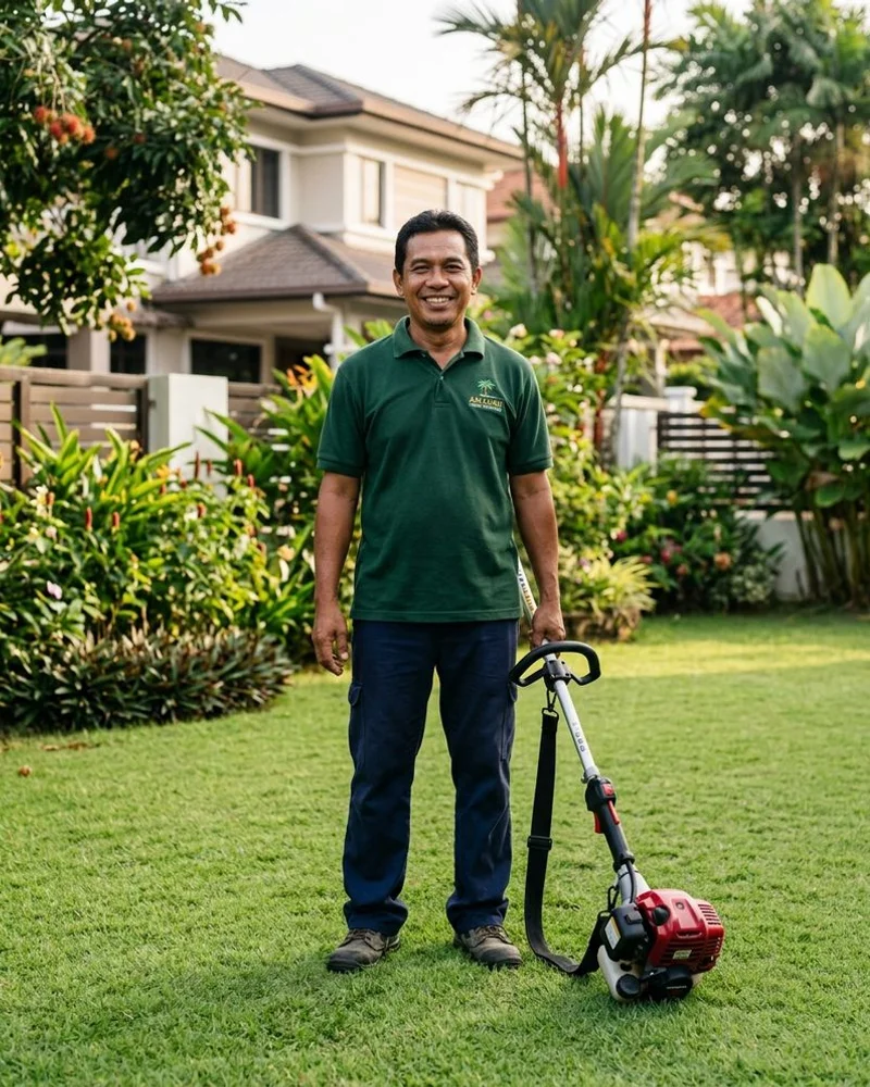 Roashan, owner-operator of LawnMowing.my, on a freshly mown lawn