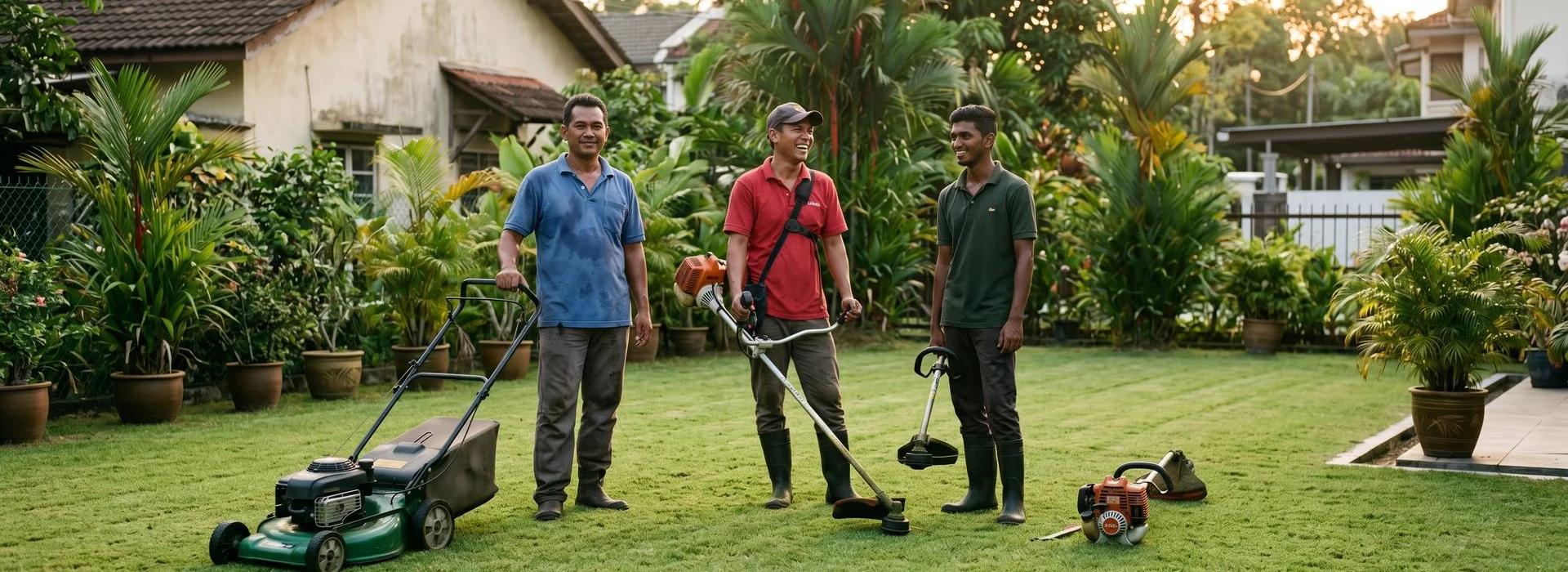 The LawnMowing.my crew on a freshly cut Damansara lawn